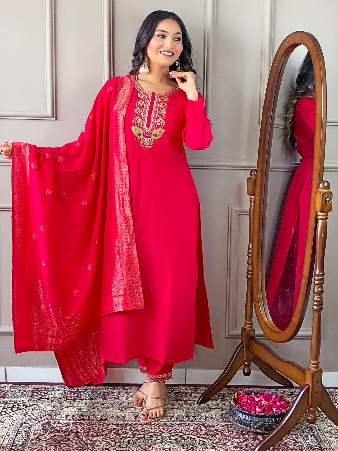 Beautiful Pink Viscose Chanderi Kurta Set with Bottom Wear and Dupatta Dropshipera
