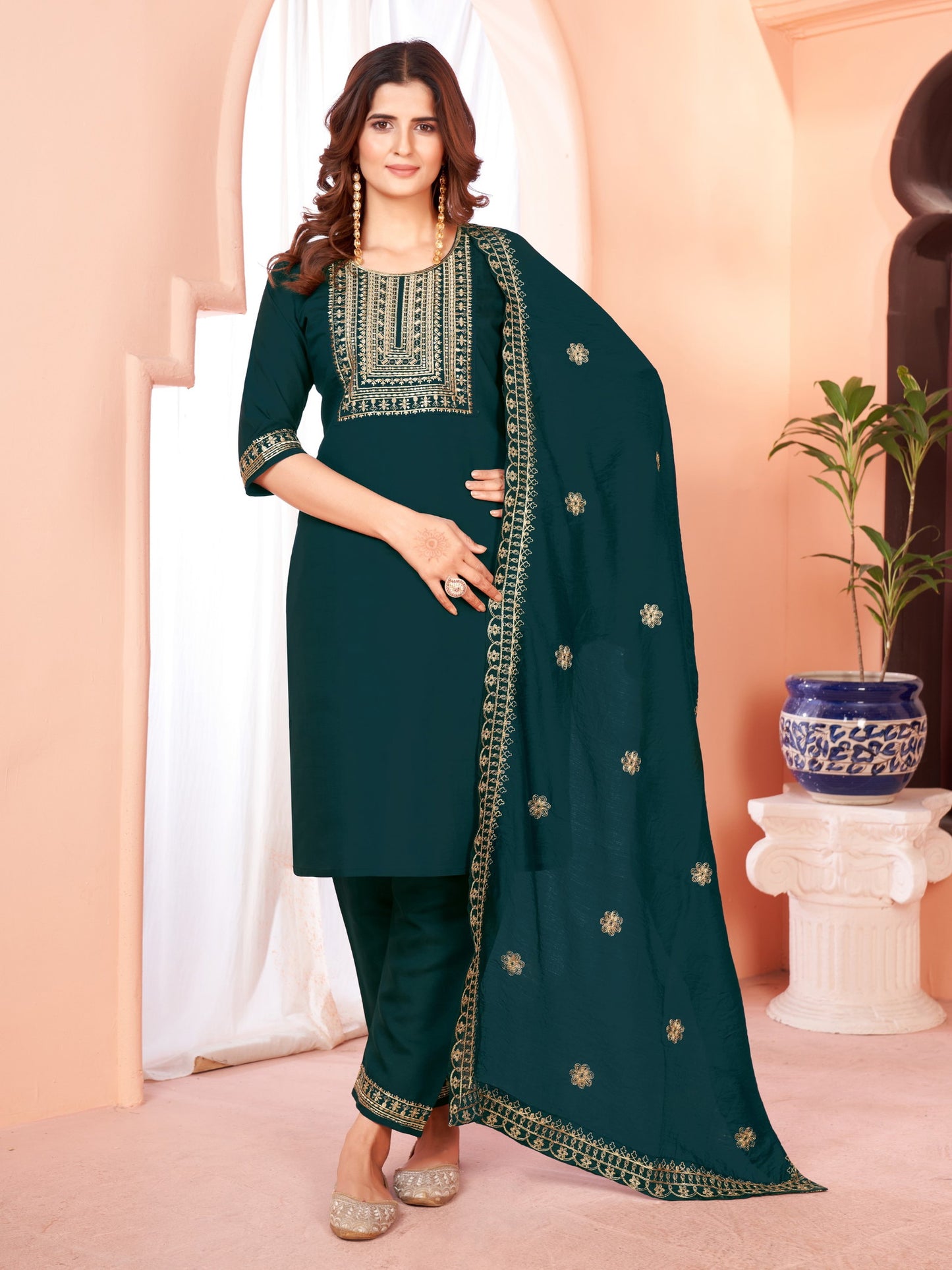 Green Embroidered Kurta set With Bottom Wear and Dupatta Dropshipera
