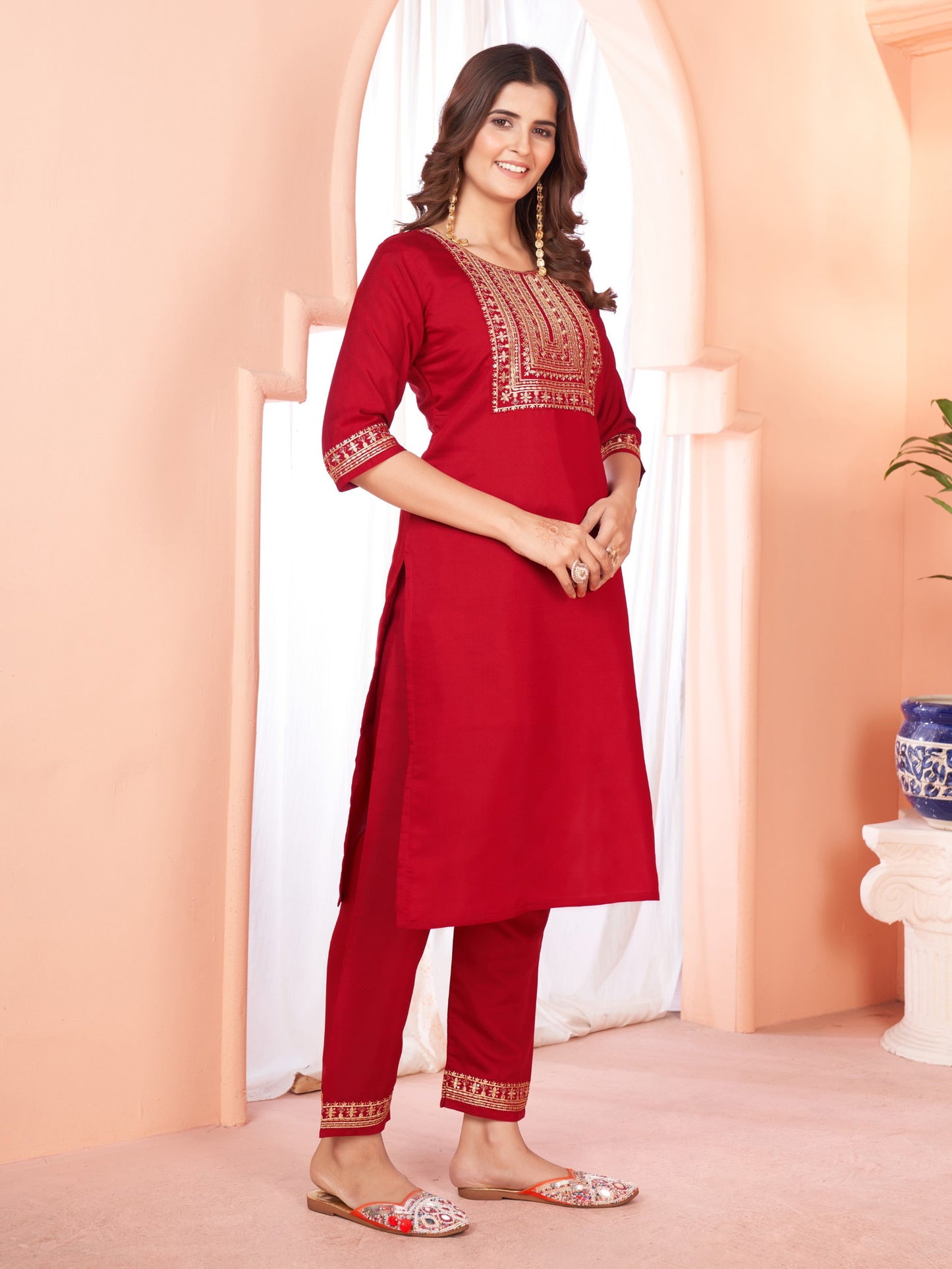Maroon Embroidered Kurta set With Bottom Wear and Dupatta Dropshipera