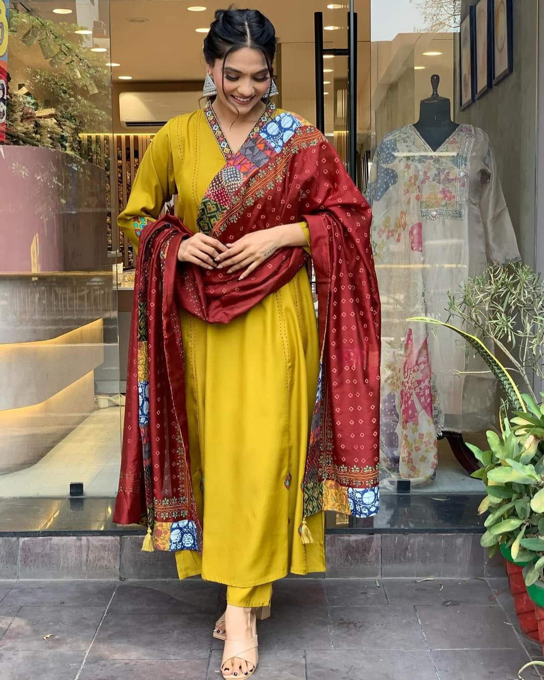 Mustard Yellow Simple Beautiful Kurta Set with Bottom and Dupatta Dropshipera