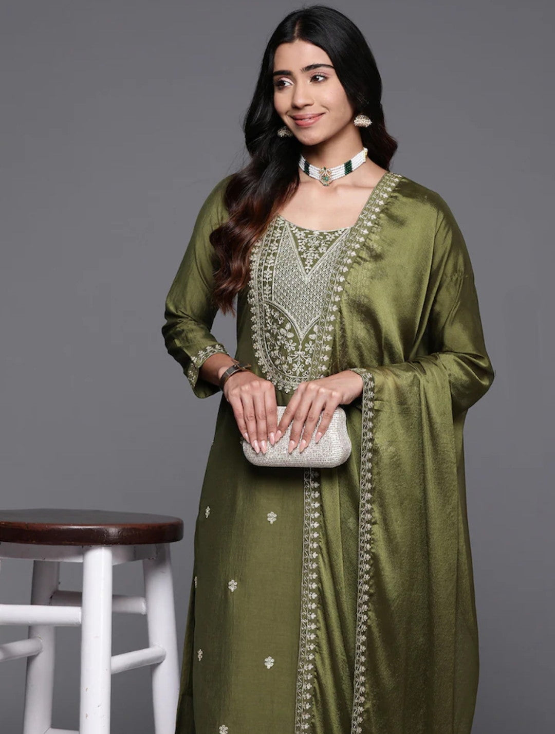 Mehndi Color Embroidered Women wear Kurta set with bottom wear and dupatta Dropshipera