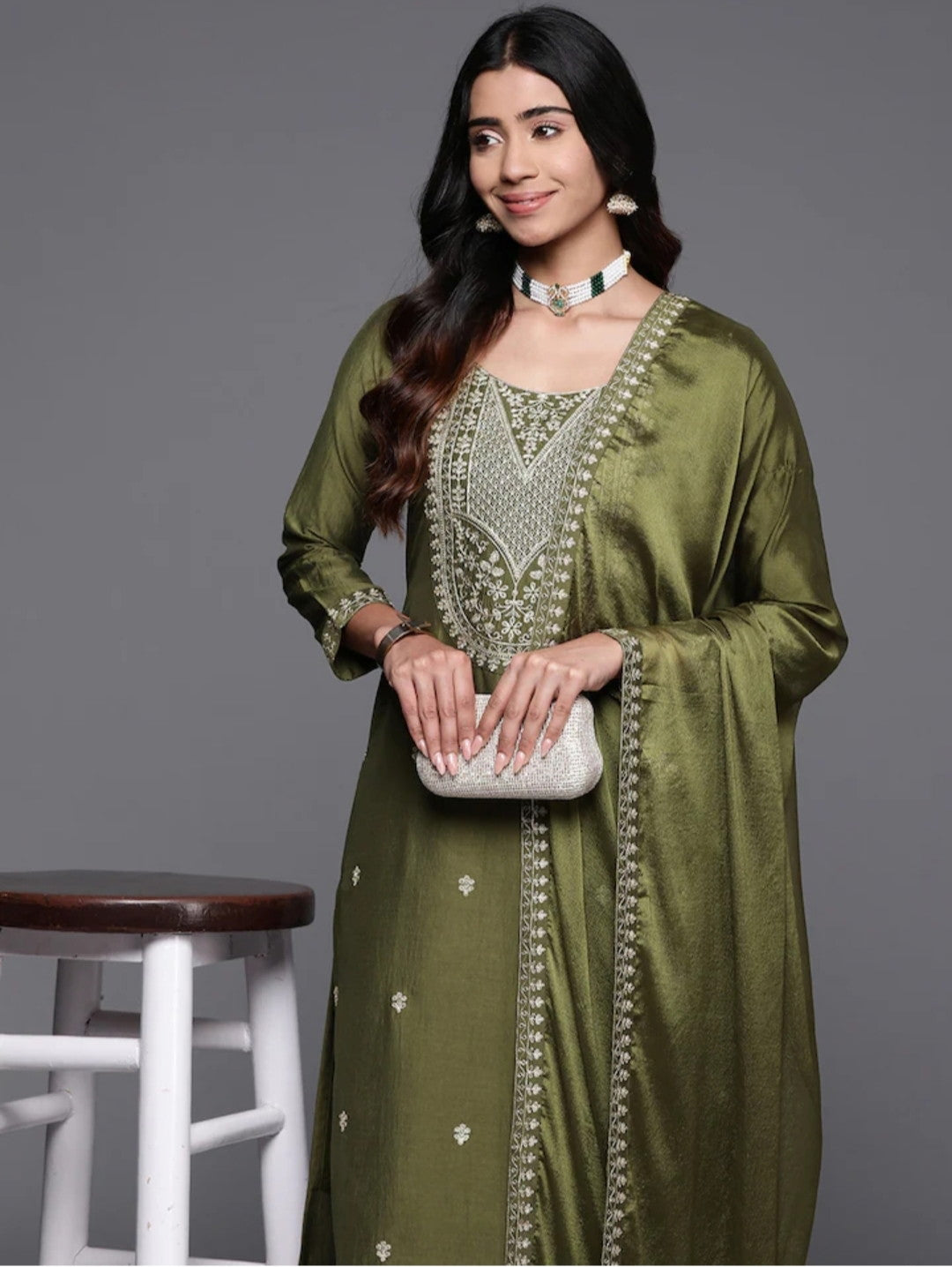 Mehndi Color Embroidered Women wear Kurta set with bottom wear and dupatta Dropshipera