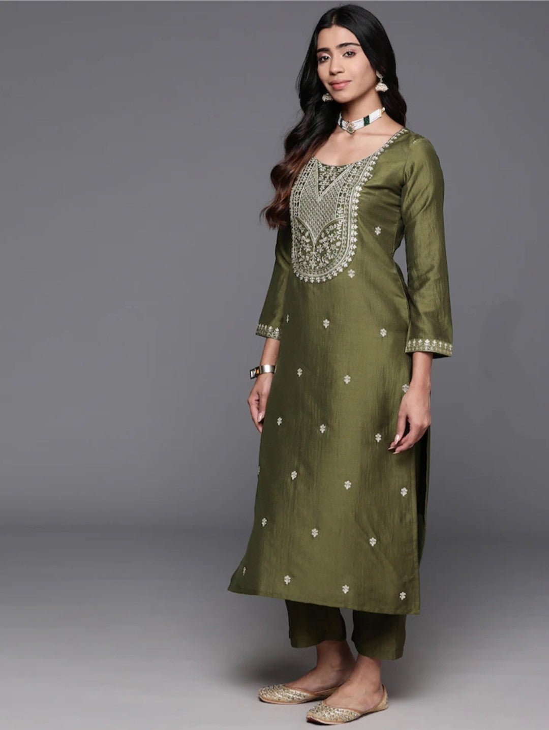 Mehndi Color Embroidered Women wear Kurta set with bottom wear and dupatta Dropshipera