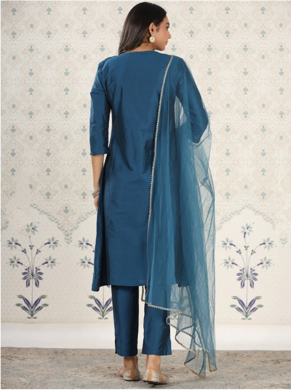 Beautiful Petrol Embroidered Kurta Set with Bottom Wear and Dupatta Dropshipera