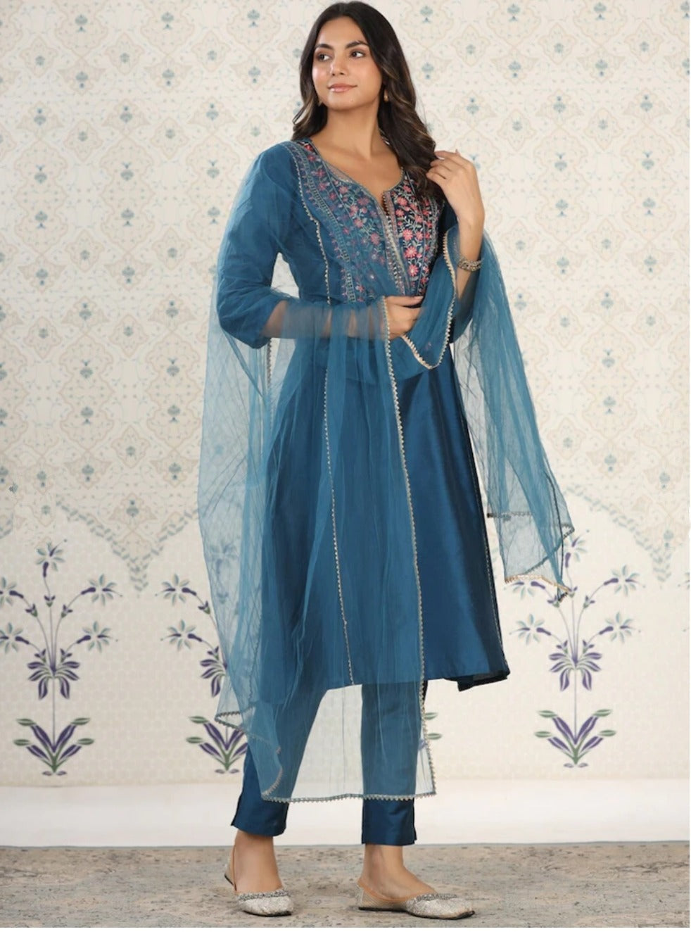 Beautiful Petrol Embroidered Kurta Set with Bottom Wear and Dupatta Dropshipera