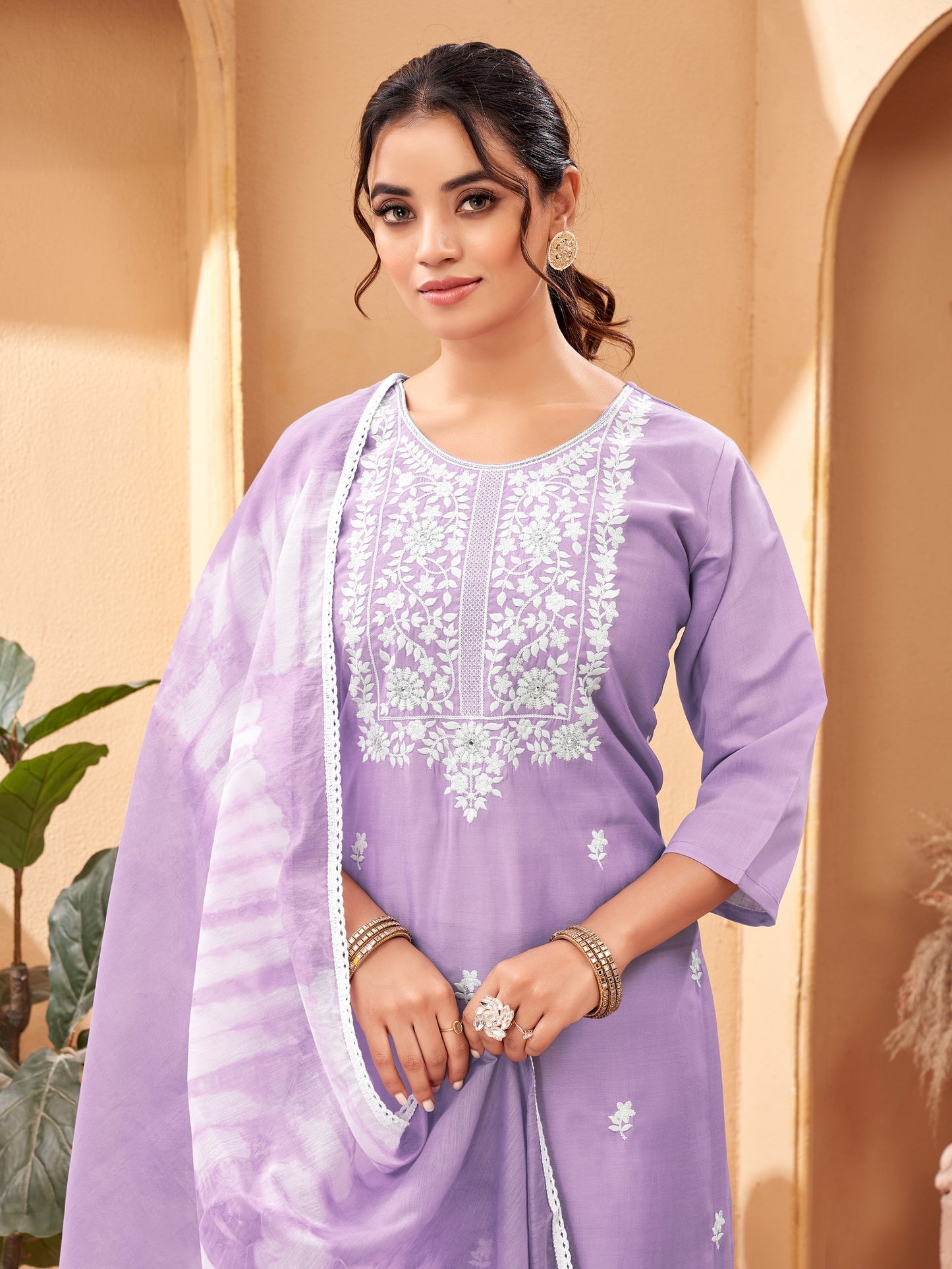 Beautiful and Simple Lavender colour Embroidered Kurta set With Bottom and Dupatta Dropshipera