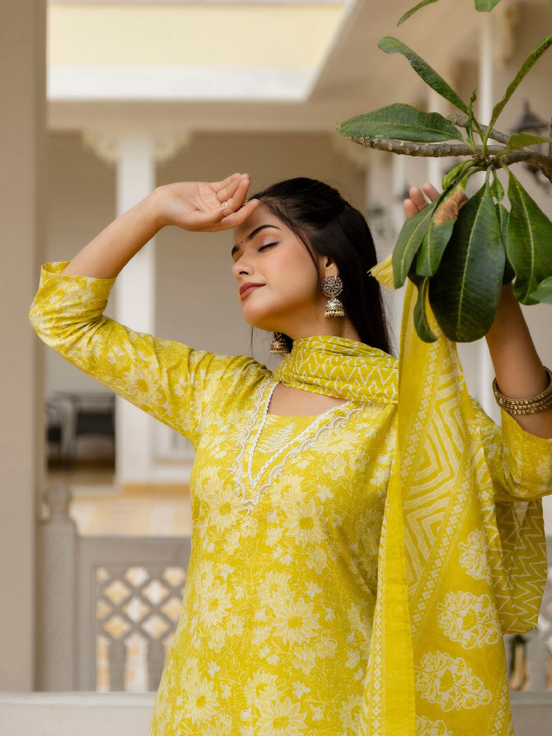 Printed Yellow Kurta Set with Bottom Wear and Dupatta Dropshipera