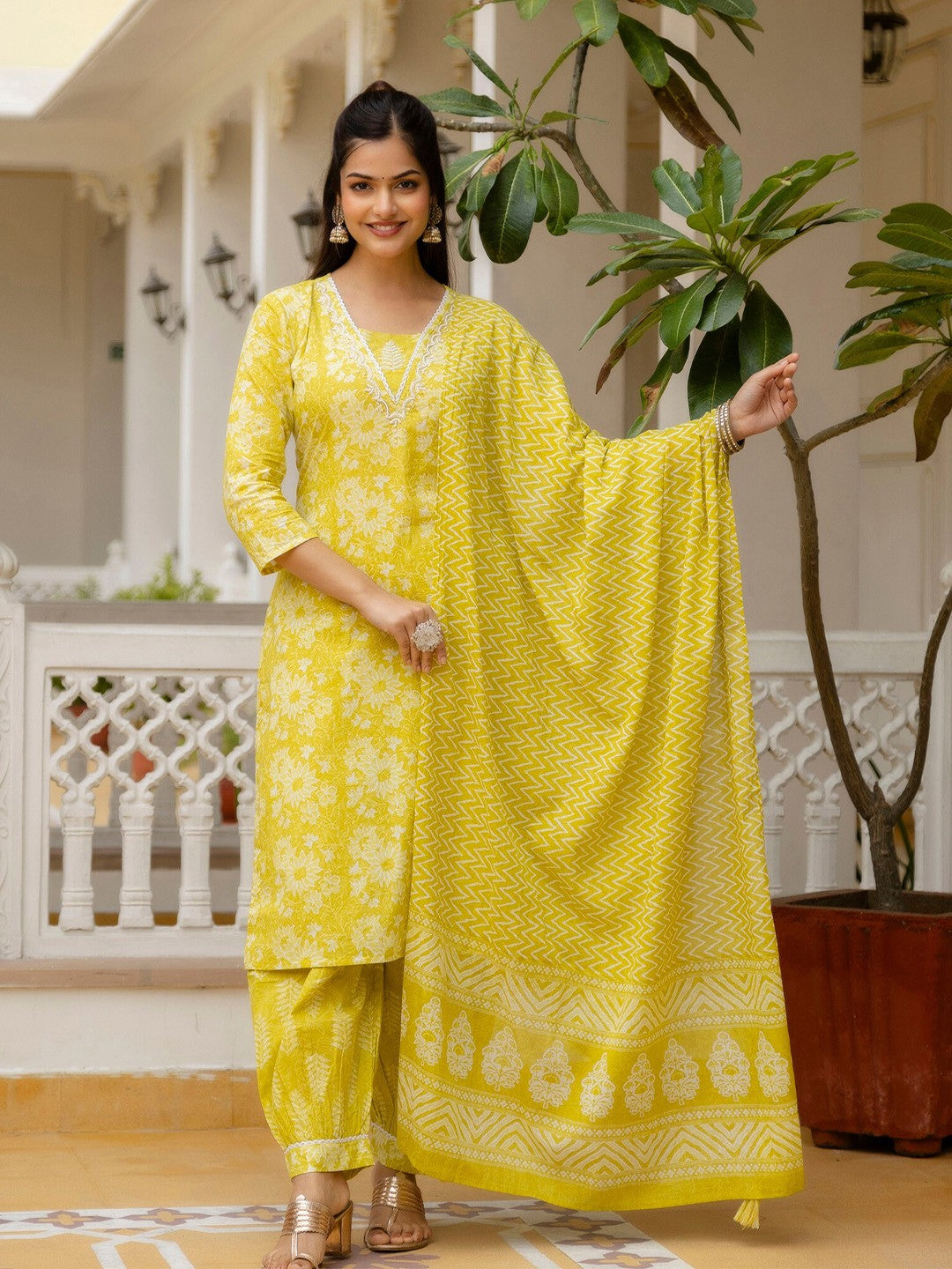 Printed Yellow Kurta Set with Bottom Wear and Dupatta Dropshipera