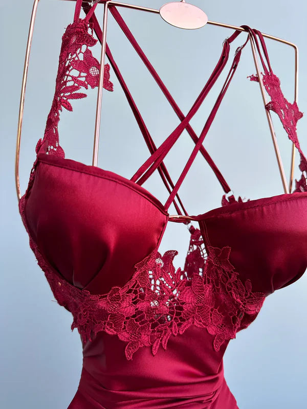 Romance in Maroon Nighty - Premium Satin Material (Maroon, Free Size) 11794