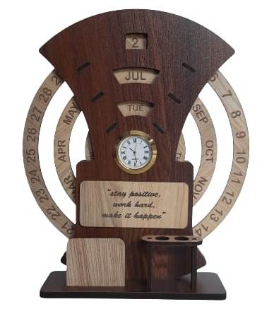 Wooden Calendar with Clock for Lifetime Life Time Calendar Table Calendar (Brown & Ivory, Desk Organizer) 18309