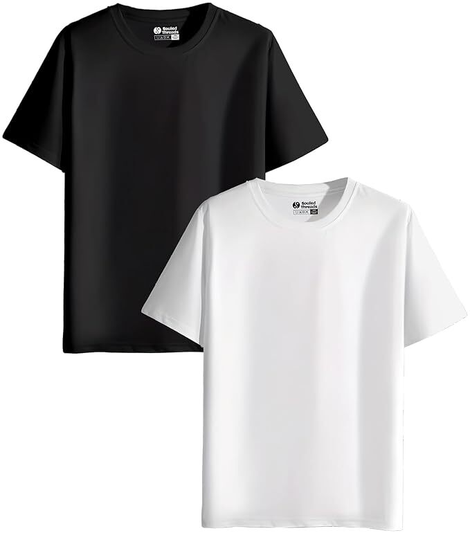 Round Neck T-Shirt (Black & White, S) (Pack of 2) 18626