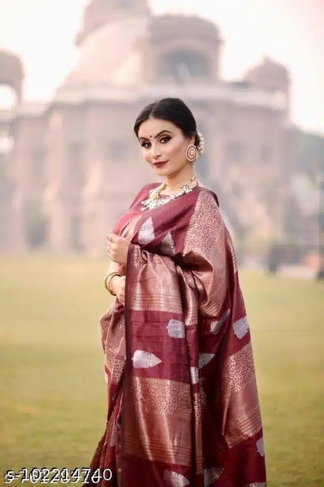 Art Silk Saree With Blouse For Women (Dark Red, 6.3M) - My Fashion Sell