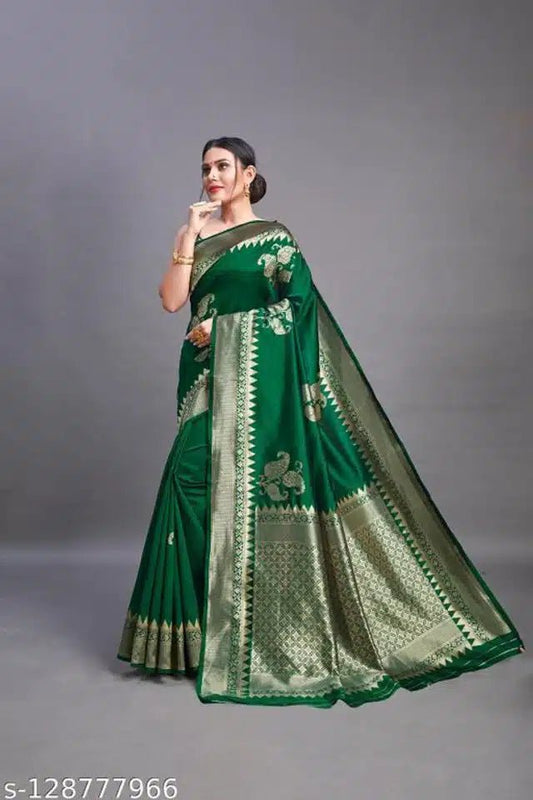 Banarsi Silk Saree For Women (Green, 6.3m) - My Fashion Sell