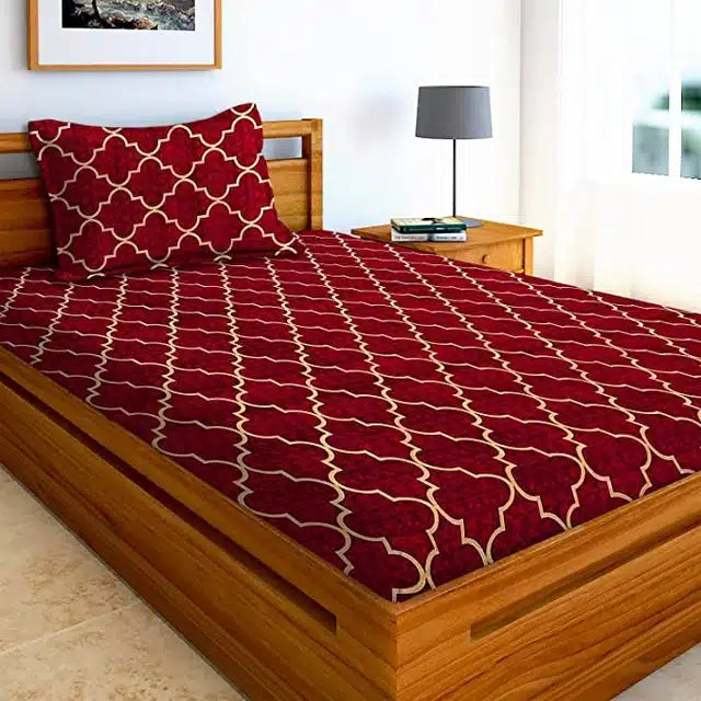 Geometric Print Flat Single Bedsheet with 1 Pillow Cover (60x90 inches, Maroon) 1062