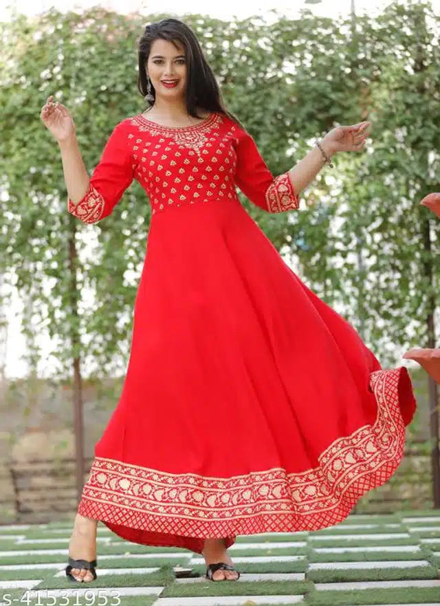 Rayon Printed Anarkali Kurti for Women (Red, S) 14048