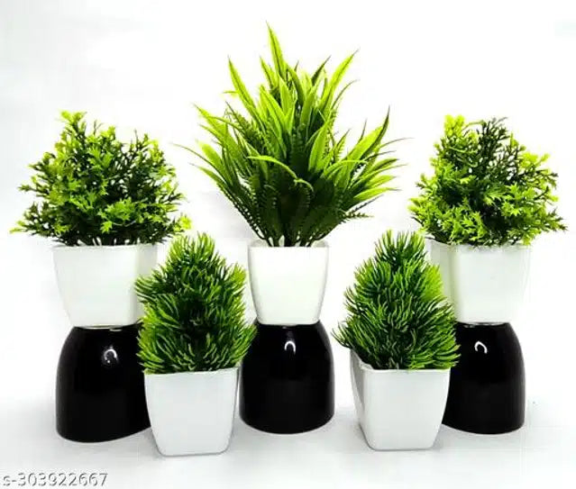 Artificial Plants with Pot (Green & White, Set of 5) 13438