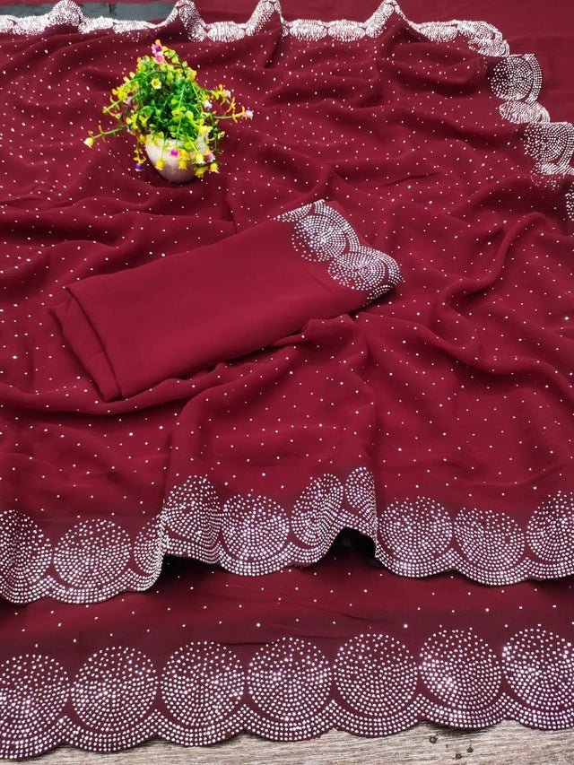 Georgette Embellished Saree for Women (Red, 6.3 m) - My Fashion Sell