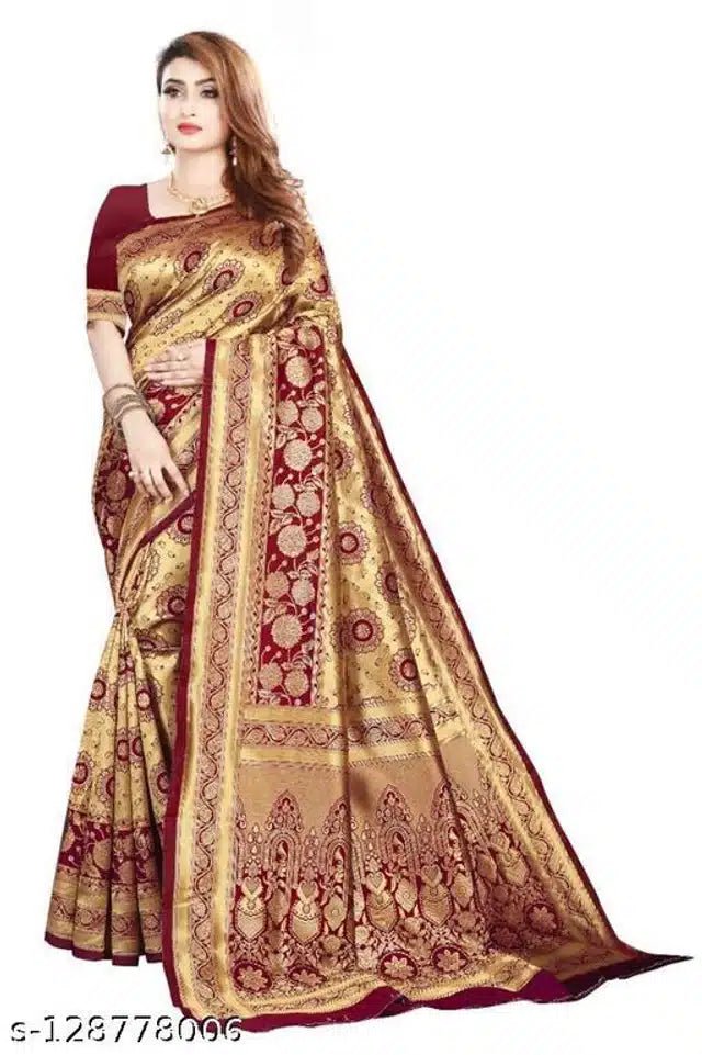 Jacquard Saree With Blouse For Women (Golden& Dark Red, 6.3M) - My Fashion Sell