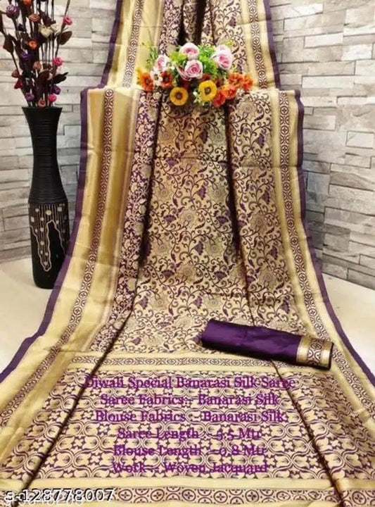 Jacquard Saree With Blouse For Women (Golden& Dark Red, 6.3M) - My Fashion Sell