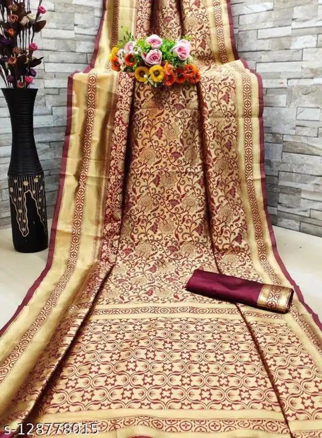 Jacquard Saree With Blouse For Women (Golden& Dark Red, 6.3M) - My Fashion Sell