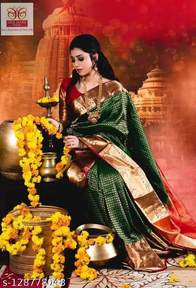Jacquard Saree With Blouse For Women (Green, 6.3M) - My Fashion Sell