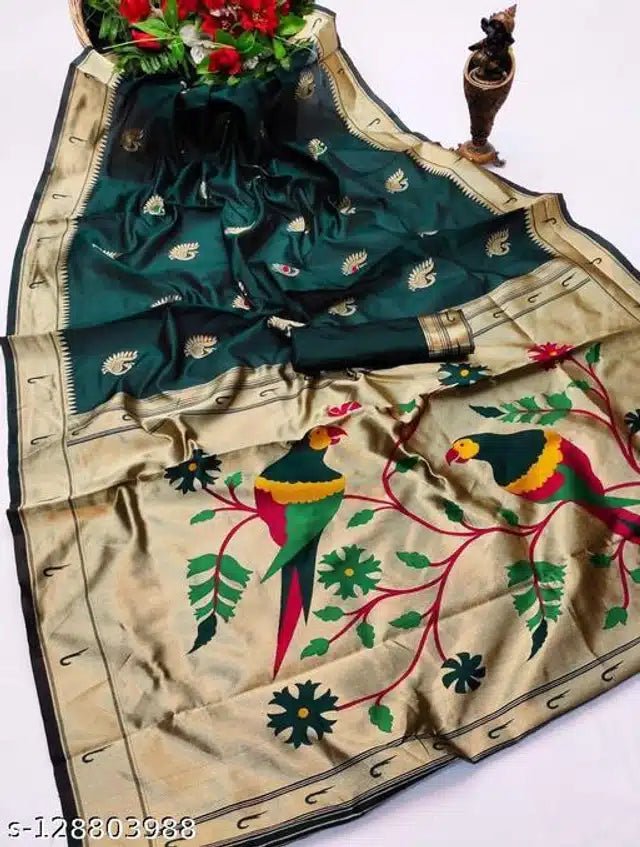 Jacquard Saree With Blouse For Women (Green, 6.3M) - My Fashion Sell