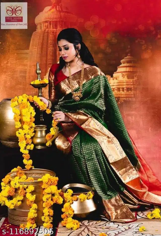 Jacquard Saree With Blouse For Women (Green, 6.3M) - My Fashion Sell