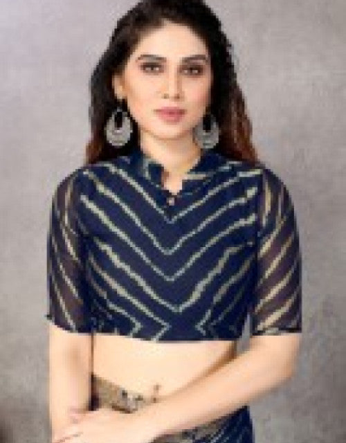 Printed, Striped Leheria Chiffon, Georgette Saree (Dark Blue) Dropdash