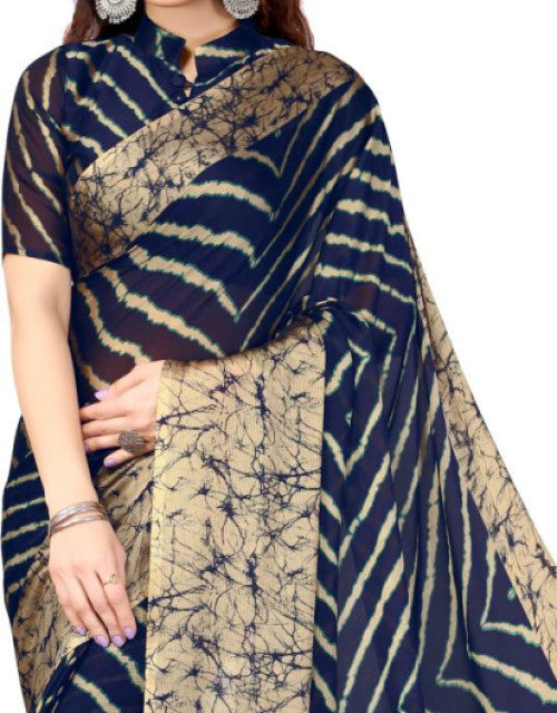 Printed, Striped Leheria Chiffon, Georgette Saree (Dark Blue) Dropdash