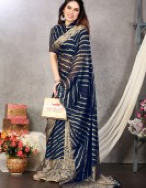 Printed, Striped Leheria Chiffon, Georgette Saree (Dark Blue) Dropdash