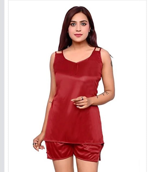 Satin Nightdress Set for Women (Red, M) - My Fashion Sell