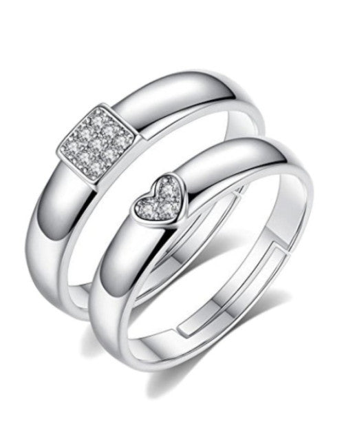 Silver-Plated Cubic Zirconia-Studded Adjustable Couple Rings Dropdash