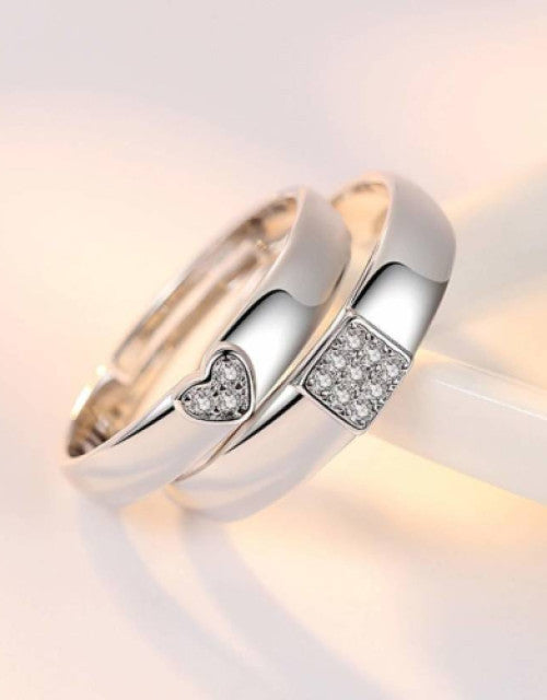 Silver-Plated Cubic Zirconia-Studded Adjustable Couple Rings Dropdash