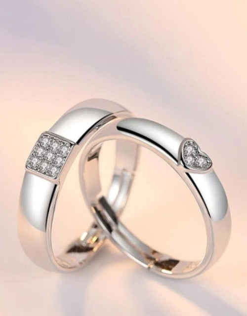 Silver-Plated Cubic Zirconia-Studded Adjustable Couple Rings Dropdash