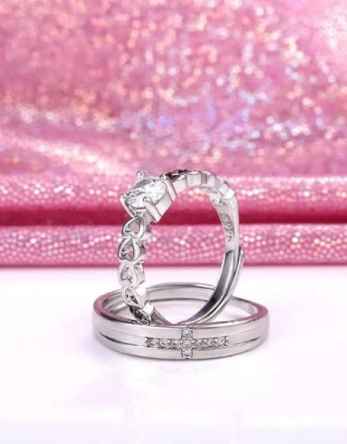 Stainless Steel Silver Plated Zirconia Studded Couple Rings Dropdash