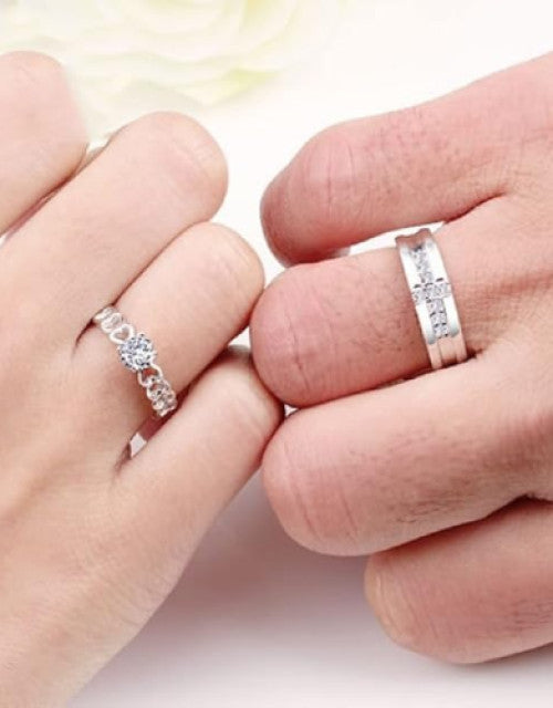 Stainless Steel Silver Plated Zirconia Studded Couple Rings Dropdash