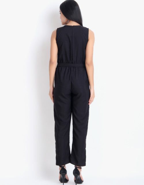 Women Casual Solid Black Sleeveless Full Length Crepe Jumpsuit Dropdash