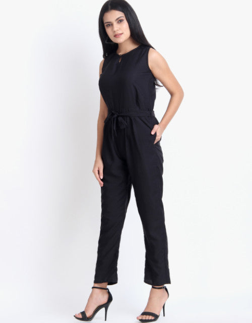 Women Casual Solid Black Sleeveless Full Length Crepe Jumpsuit Dropdash