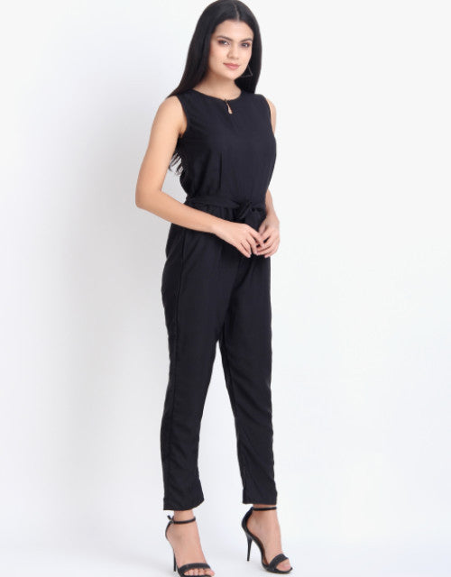 Women Casual Solid Black Sleeveless Full Length Crepe Jumpsuit Dropdash