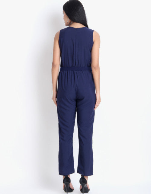 Women Casual Solid Blue Sleeveless Full Length Crepe Jumpsuit Dropdash
