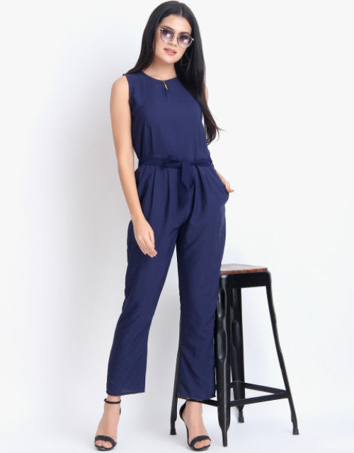 Women Casual Solid Blue Sleeveless Full Length Crepe Jumpsuit Dropdash