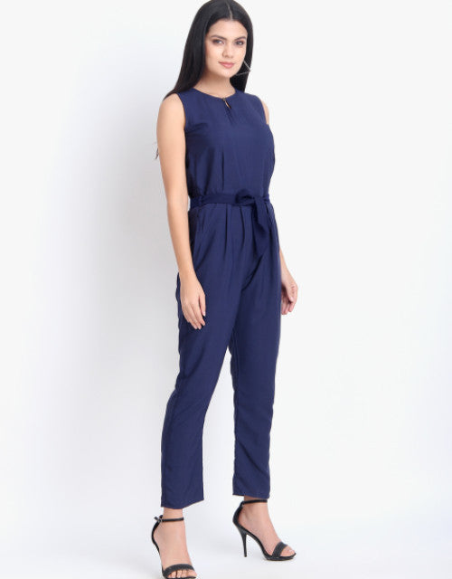 Women Casual Solid Blue Sleeveless Full Length Crepe Jumpsuit Dropdash