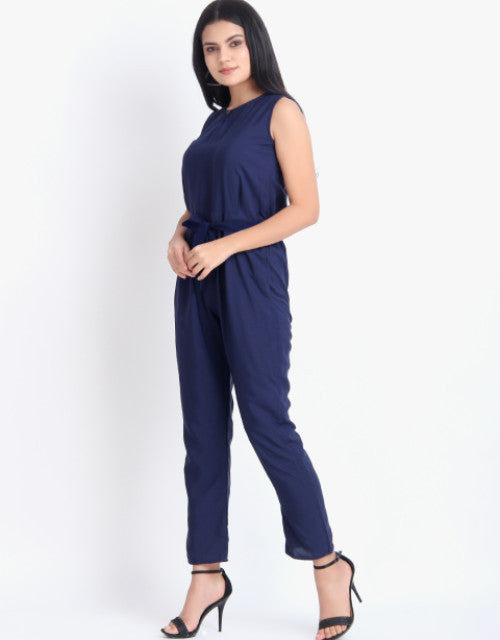 Women Casual Solid Blue Sleeveless Full Length Crepe Jumpsuit Dropdash