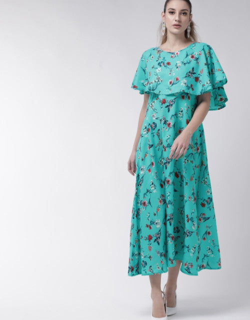 Women Turquoise Cape Sleeve Maxi Dress Dropdash