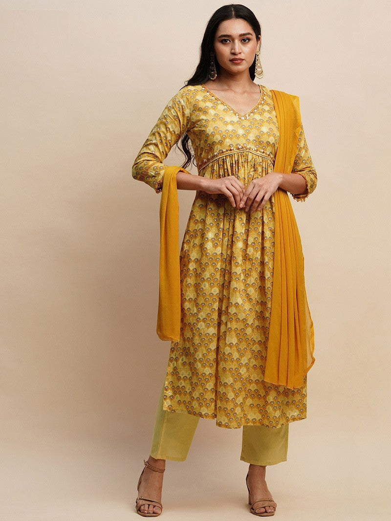 Yellow printed cotton kurti pant with dupatta Dropshipera