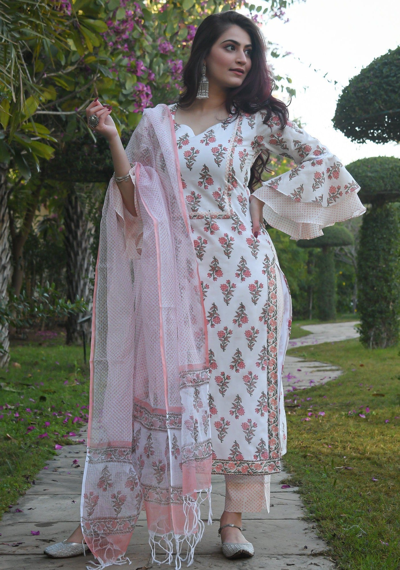 White & Baby Pink Printed Fancy Kurti With Bottom & Dupatta set Dropshipera