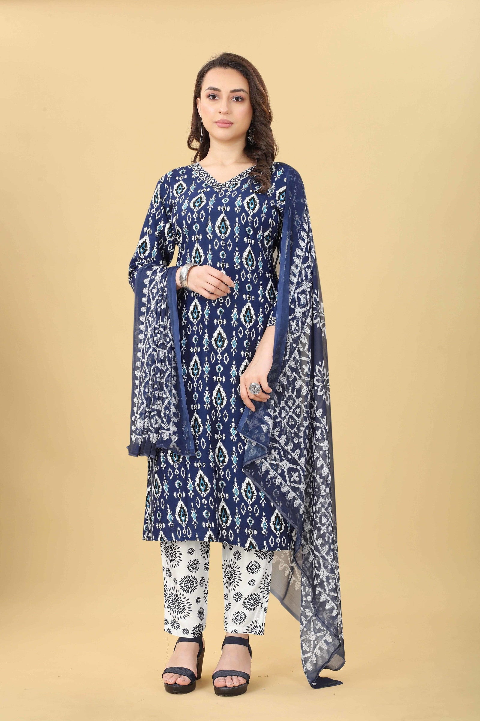 Blue Printed Fancy Kurti With Bottom Dupatta Set Dropshipera
