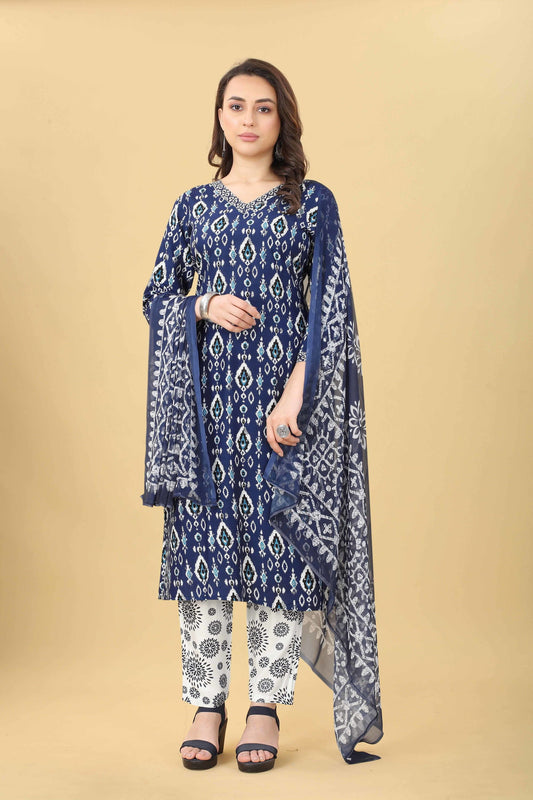 Blue Printed Fancy Kurti With Bottom Dupatta Set Dropshipera