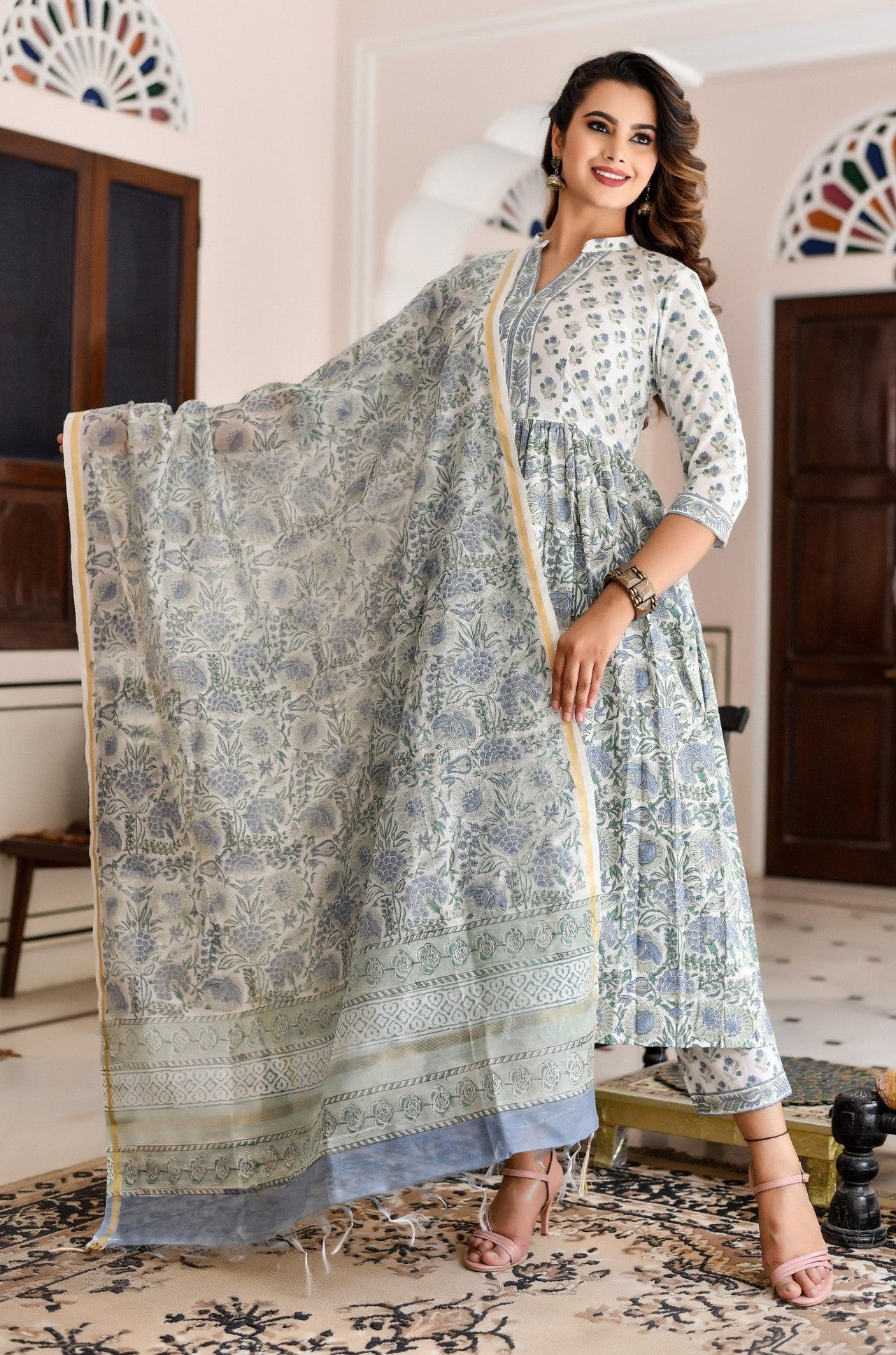 White & Sky Blue Printed Fancy Kurti With Bottom & White Dupatta set Dropshipera