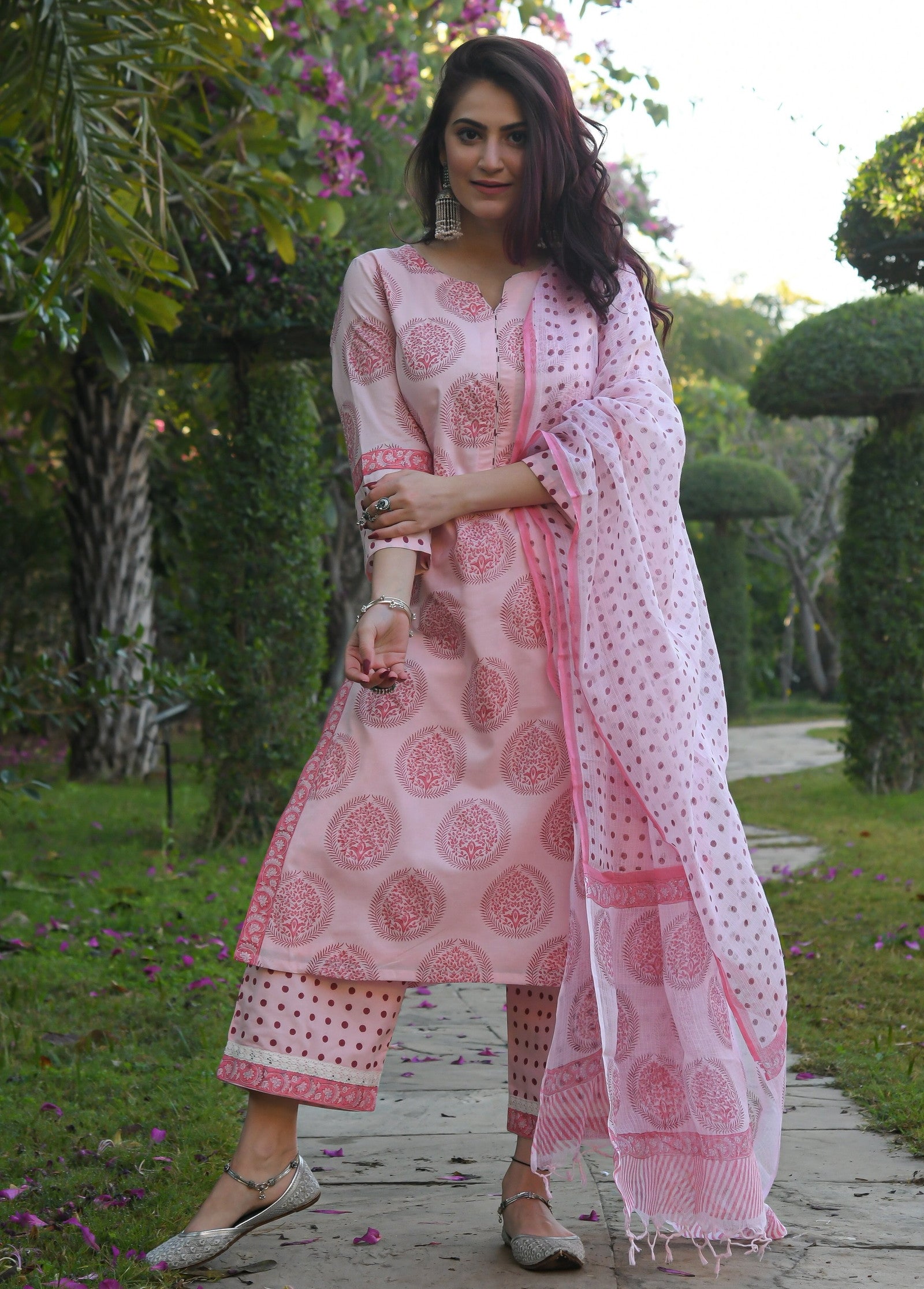 Baby Pink Printed Fancy Kurti With Bottom Dupatta set Dropshipera